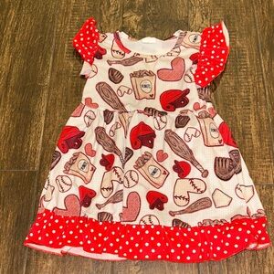 Red and White Kids Dress with Sports baseball Print